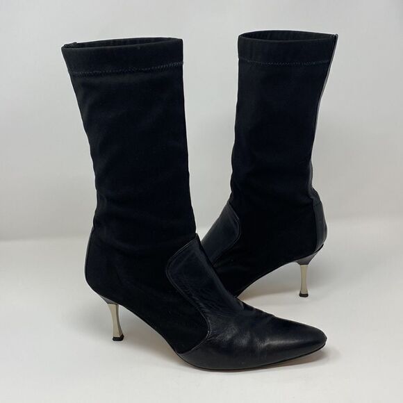 Timothy Hitsman Leather & Spandex Metal Heel Calf Length Boots - Picture 1 of 11